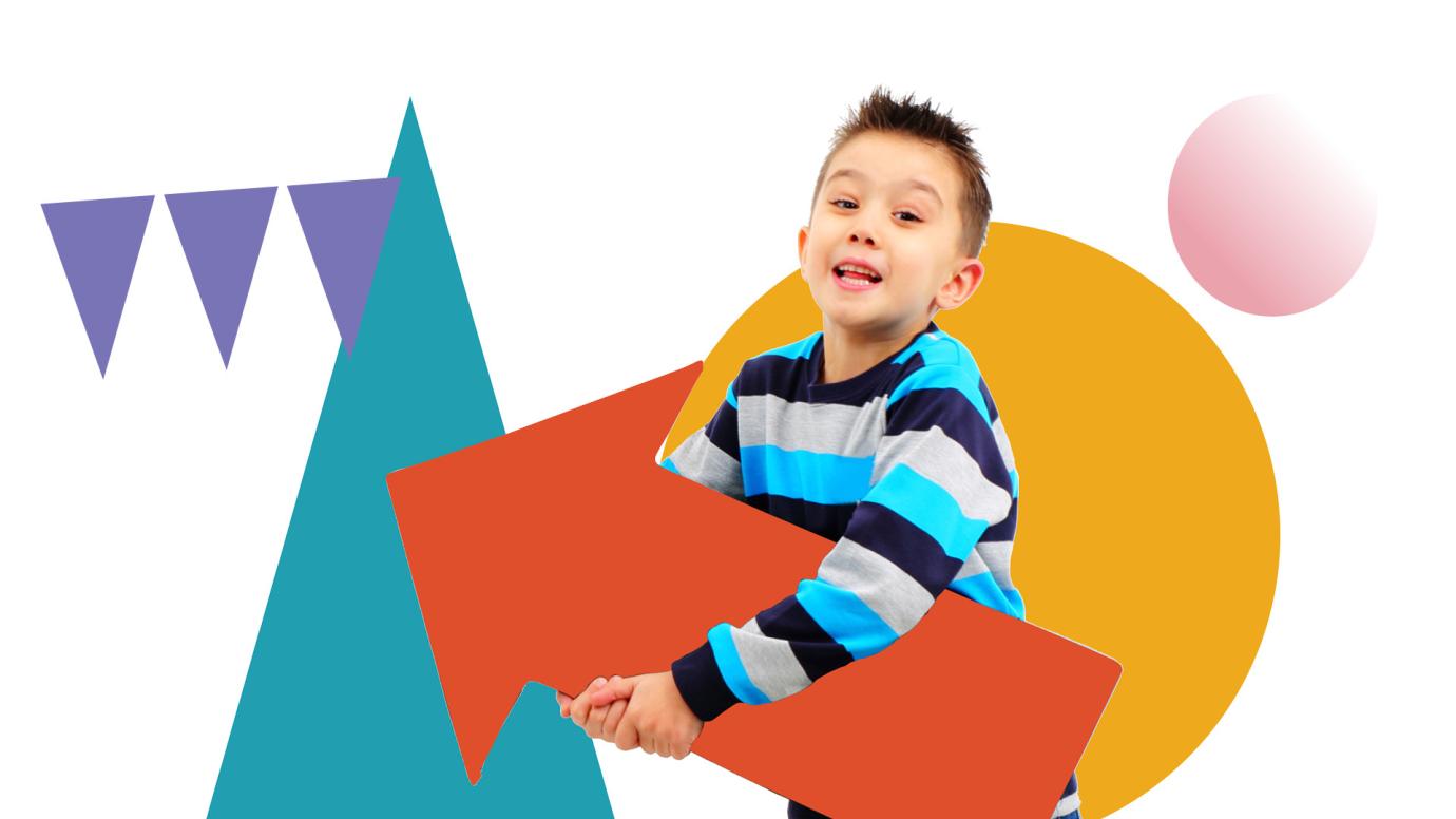 A young boy carrying an arrow with a background of various shapes
